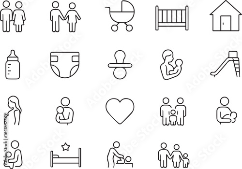 Family and Parenting Line Icon Set – Parents, Children, Baby Stroller, Feeding Bottle, Home, Care, Love, Editable Stroke