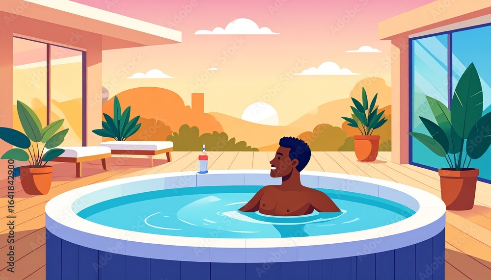 Fototapeta premium A man in a hot tub enjoying a beautiful sunset view