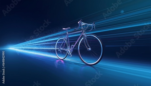 A bicycle rendered with glowing lines and speed lines on a dark blue and light blue gradient background