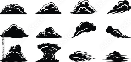 Minimal black cloud silhouettes set – depicting various smoke shapes and steam effects