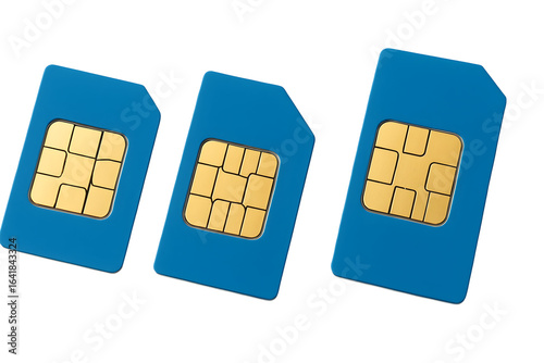 Three blue sim cards with gold contacts isolated on a transparent background mobile technology