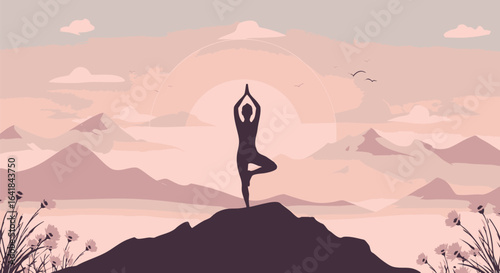 Serene Yoga Silhouette Against a Mountain Sunset Achieving Balance and Tranquility