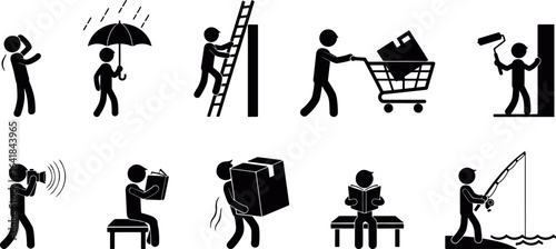 set of stickman silhouettes performing daily tasks, depicting work, leisure, and everyday activities vector