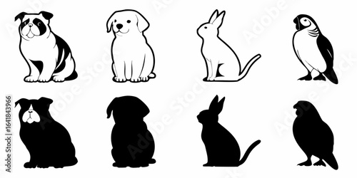 Vector illustration of various animals including dogs rabbits and birds in black and white silhouette style art