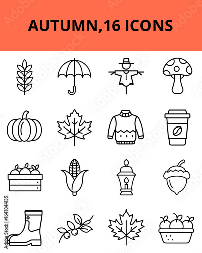 Autumn-themed icons including leaves, pumpkin, sweater, and coffee  