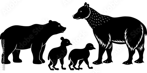 Vector silhouette illustration of two adult bears and two cubs standing next to each other in black and white