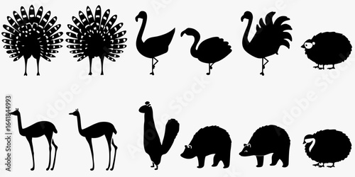 Vector silhouette illustration featuring peacocks flamingos llamas bears and other animals in a monochrome style