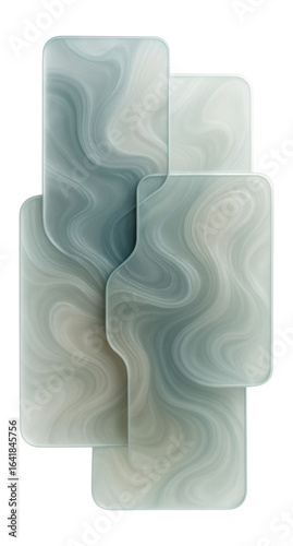 Interlocking, semi-transparent panels with swirling, fluid patterns in muted tones.