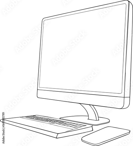 Line art illustration of a modern computer monitor keyboard and mouse