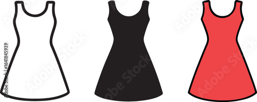 A simple women's dress icon collection. Includes silhouette, outline, and colored vector images isolated on a white background.