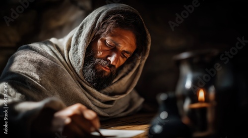 Jeremiah writes Lamentations by flickering candlelight in a dark stone room. Tears roll down his face as his trembling hand moves across the parchment. Shadows flicker, echoing deep sorrow.