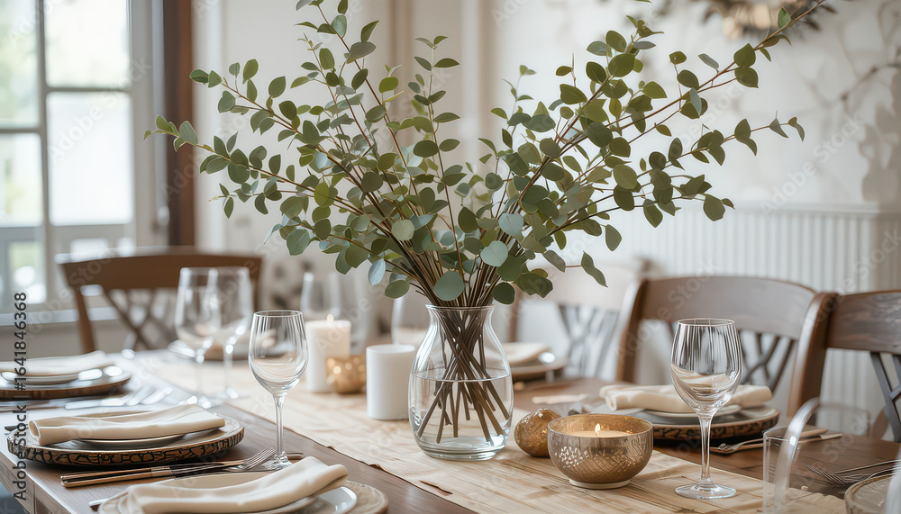 Fototapeta premium Dining table setting with eucalyptus centerpiece and elegant dinnerware set