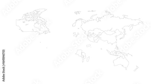 World map animation. Outline world map with country borders and continents in the background with alpha channel. Motion design.