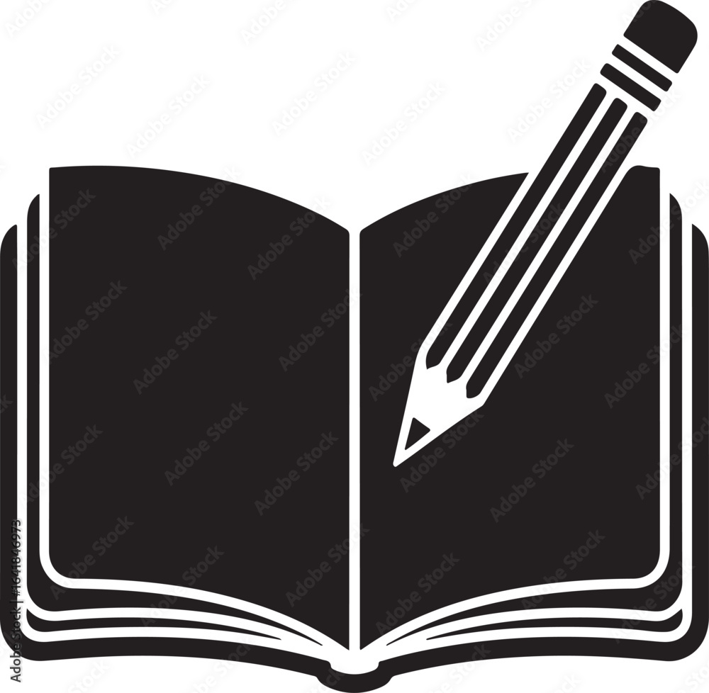 Naklejka premium Open book with pencil writing on pages silhouette
