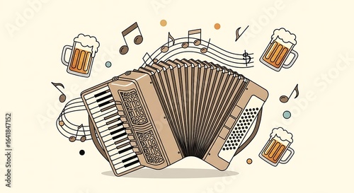 Joyful Accordion Music with Beer Mugs and Musical Notes, Perfect for Celebrations, Festivals, and Cultural Events Representing a Vibrant Musical Atmosphere and Festive Spirit