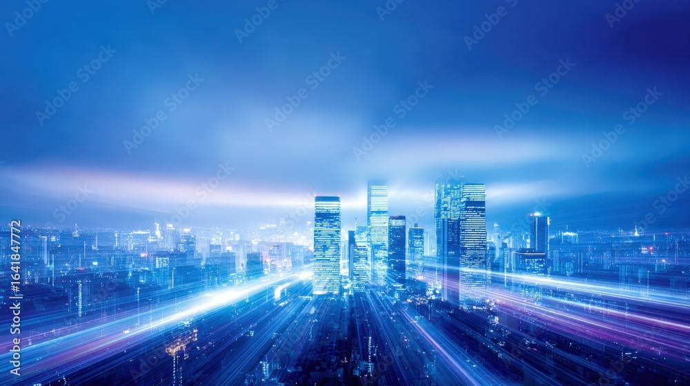 Fototapeta premium Futuristic Cityscape at Night with Light Streaks, Modern Architecture, and a Vibrant Blue Color Palette