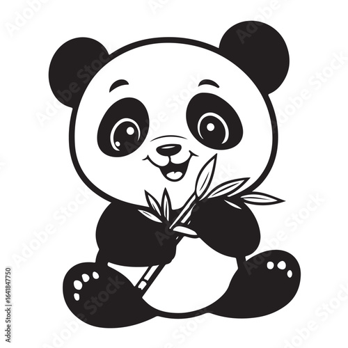 Sitting cute panda with bamboo isolated on white