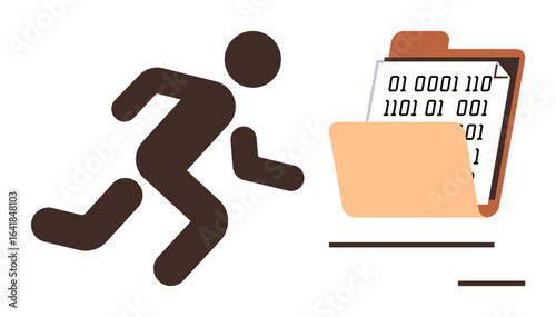Minimalistic figure running toward a folder filled with binary data, hinting at urgency over digital files or information retrieval. Ideal for security, data management, confidentiality, coding