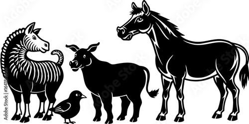 Vector illustration of a zebra, donkey, horse, and bird standing together in black and white style drawing