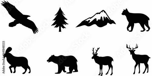Vector silhouette illustration featuring an eagle, tree, mountain, cat, goat, bear, deer and another deer image