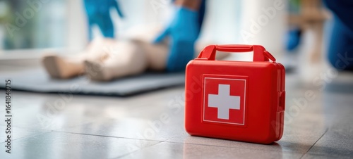 The red first aid kit beside a CPR training mannequin in a healthcare setting.