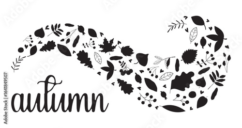 Bright autumn leaves in a gust of wind and an inscription. Autumn illustration. Autumn lettering. Different leaves. Vector illustration.