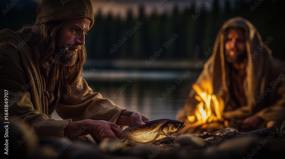 Fototapeta premium Jesus multiplies fish beside a quiet lakeside fire—each time He hands one to a disciple, another appears. The calm lake reflects the astonished faces of those witnessing the quiet miracle...