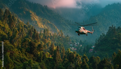 A helicopter delivering aid supplies to a remote village surrounded by lush green mountains, dramatic sky