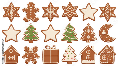 Festive Christmas Gingerbread Cookies Collection Holiday Baking Assortment with Stars Trees Houses Moon and a Gingerbread Man