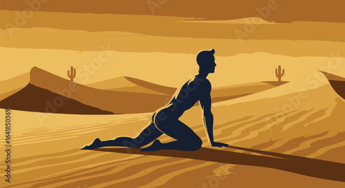 Graphic vector illustration of a tranquil male figure resting in the vast golden desert, capturing the essence of solitude and natural harmony.