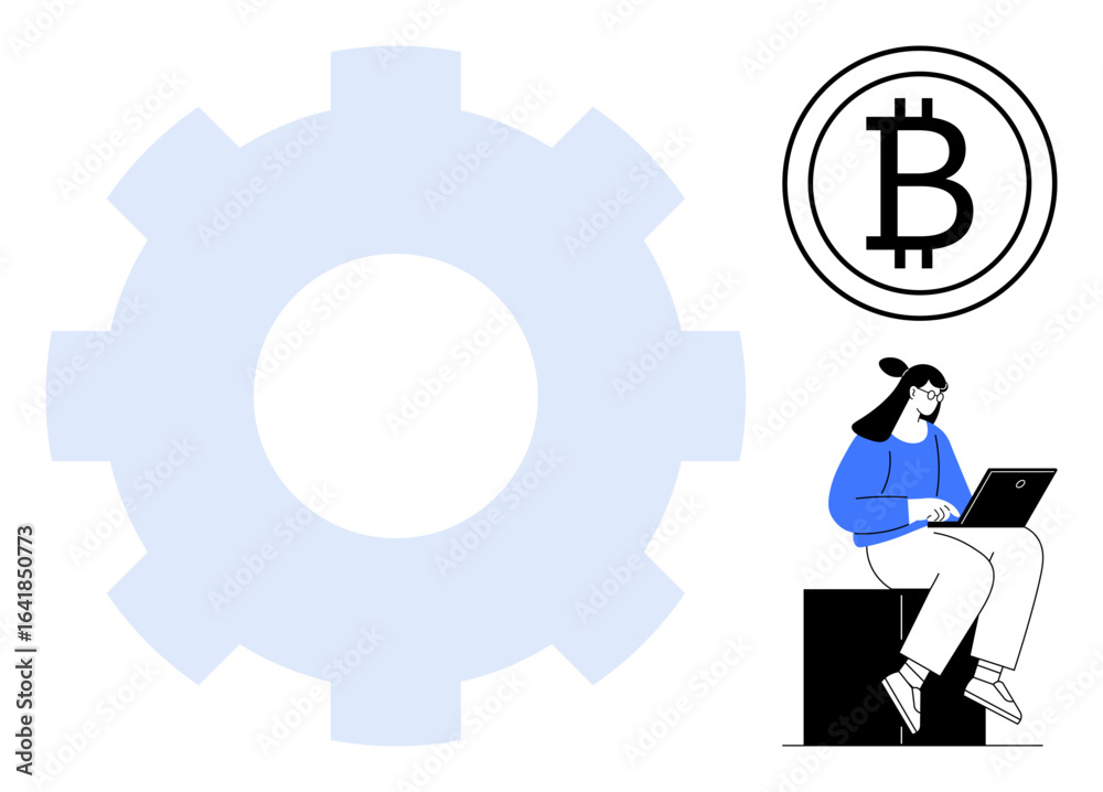 Woman using laptop beside large gear and Bitcoin emblem, symbolizing cryptocurrency, fintech, blockchain, digital innovation, decentralized finance, technology, remote work. Ideal for tech-focused Woman using laptop beside large gear and Bitcoin emblem, symbolizing cryptocurrency, fintech, blockchain, digital innovation, decentralized finance, technology, remote work. Ideal for tech-focused