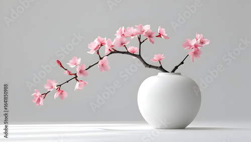 Pink blossom branch in white vase ikebana composition