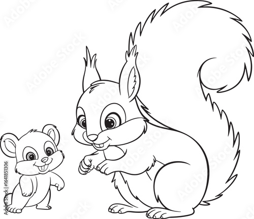 Cute cartoon squirrel and mouse friends sharing a nut line art illustration stock photos royalty free image premium quality