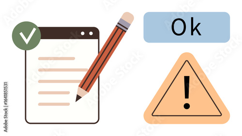 Document with checkmark, pencil, Ok label, and warning triangle. Ideal for validation, organization, compliance, approval evaluation planning feedback. Simple flat metaphor