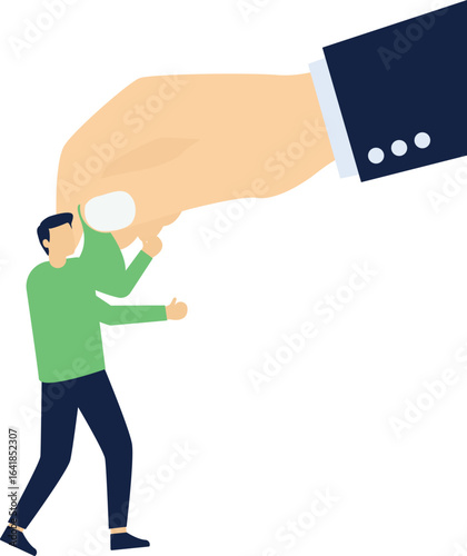 Big Hand Using Businessman for Control. Business Man Marionette is Hanging on Suit. Hand of Puppeteer Holding Lady. Puppet Doll Worker, Abuse of Power, Manipulation. Flat Vector Illustration

