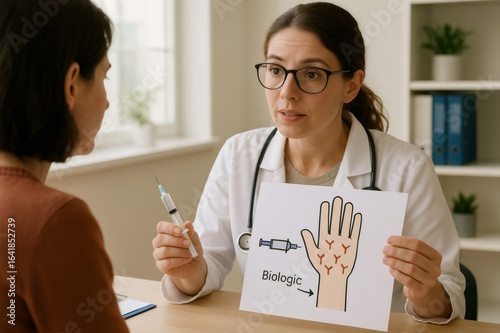 Doctor holding syringe and showing infographic to patient, explaining biologic injection therapy for skin disease during medical consultation