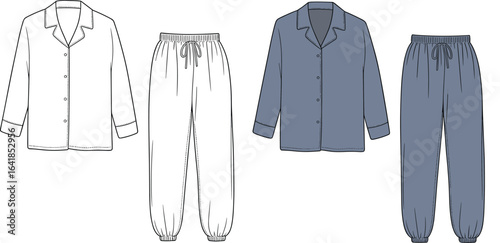 Cozy pajama set illustration, sleepwear fashion flat sketch, button-down top and pants, comfortable loungewear outfit, nightwear design template