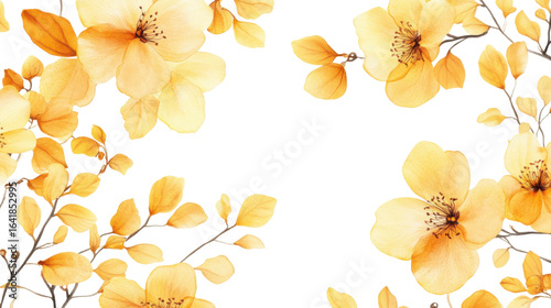 Elegant floral background with golden yellow blossoms on white background 