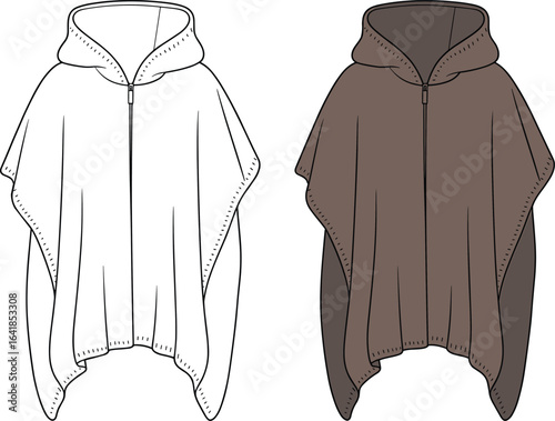 Stylish poncho hoodie design, front zip closure, fashion cape with hood, minimalist outerwear illustration, modern cloak garment, flat sketch style