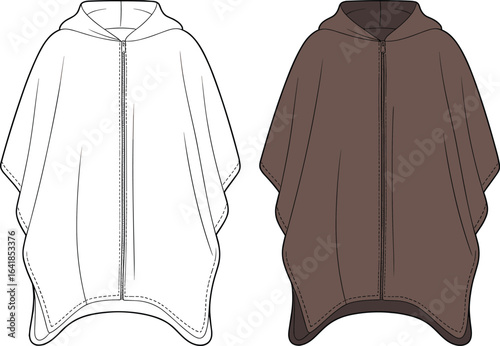 Stylish poncho hoodie design, front zip closure, fashion cape with hood, minimalist outerwear illustration, modern cloak garment, flat sketch style