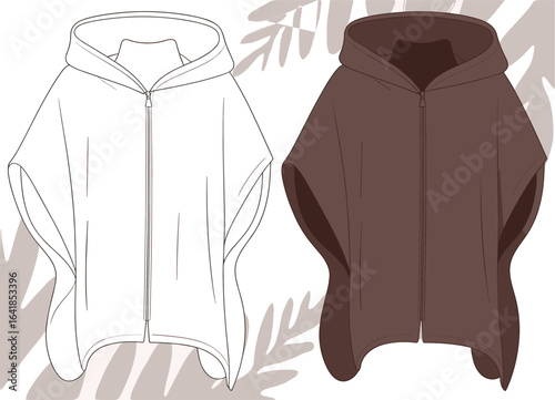 Stylish poncho hoodie design, front zip closure, fashion cape with hood, minimalist outerwear illustration, modern cloak garment, flat sketch style