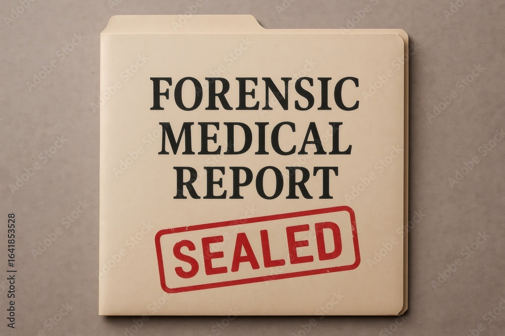 Obraz premium Manila folder holding a forensic medical report, sealed with a striking red stamp, resting on a table, conveying confidentiality and authority