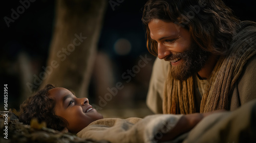Near a fig tree by town’s edge, Jesus leans over a sick child on a blanket as gentle wind stirs leaves; the child weakly smiles, hope lighting the scene...