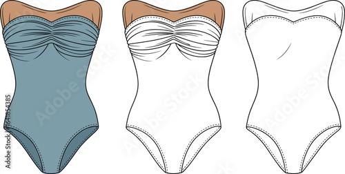 Strapless one-piece swimsuit technical template, ruched bust detail, flat fashion sketch, CAD drawing, vector outline, apparel design illustration**