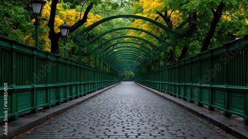 A green bridge with a walkway and trees on either side