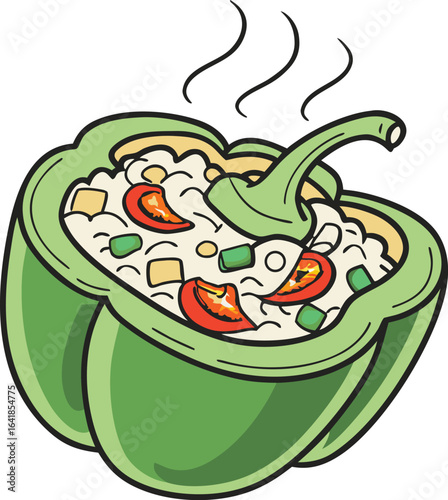Stuffed Green Bell Pepper vector Illustration with Rice Filling and Steam