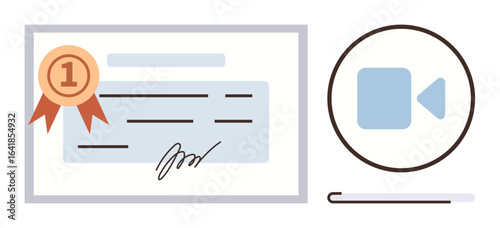 Award certificate with ribbon next to a digital video icon, representing achievement, online courses, e-learning, certification programs, recognition, education, training, and a simple flat metaphor