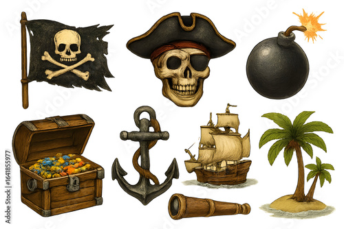 Pirate treasure ship skull bomb anchor spyglass chest isolated on a transparent background