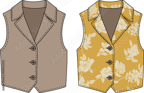 Classic tailored waistcoat, floral vest design, buttoned formal vest, sleeveless fashion top, stylish office wear, digital apparel sketch, cad drawing, flat vector illustration