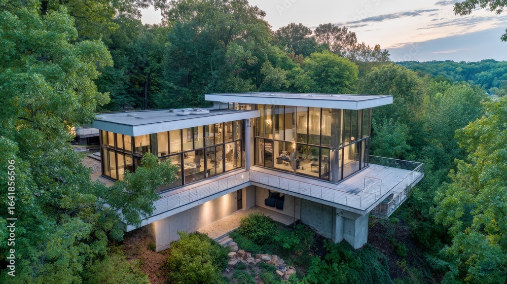 Naklejka premium Modern House in Forest: Exterior View of a Contemporary Home Surrounded by Lush Greenery, Showcasing Architectural Design